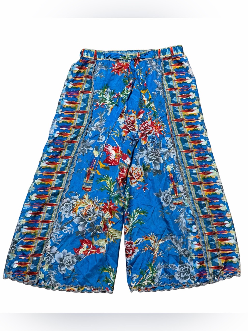 Johnny Was Blue Floral Silk Wide Leg Palazzo Slit Pants Large Scalloped Hem Boho